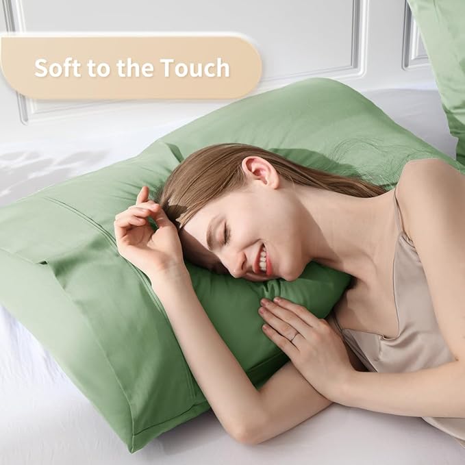 Queen Pillowcases, Cooling Viscose from Bamboo Pillow Covers with Envelope Closure, Soft Moisture-Wicking for Hot Sleepers, Hair and Skin-Friendly, Green, 2 Pack