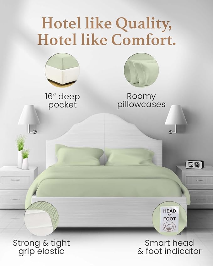 Good Sleep Bedding 100% Egyptian Cotton King Size Bed Sheets, 4 Piece Silky Sateen Weave King Sheets, Ultra-Soft & Durable Hotel Luxury, 16 Inch Deep Pocket King Sheet Set - Sage