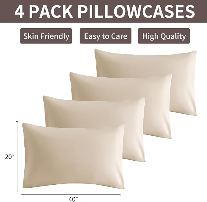 MINIPANDA Beige King Size Pillow Cases Set of 4 - Super Soft, Smooth and Breathable Pillow Cases King - Envelope Design - Machine Washable Lightweight (20X40 Inches (4 Piece))