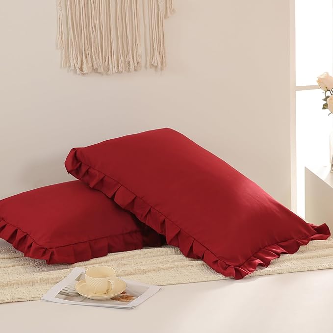 Burgundy Pillowcases King Pillowcases Ruffled Pillow Shams Set of 2 Cute Pillowcases Solid Ruffled Fringe Design Red Shabby Chic Pillowcases 2 Pack (King (20''x36''), Burgundy)