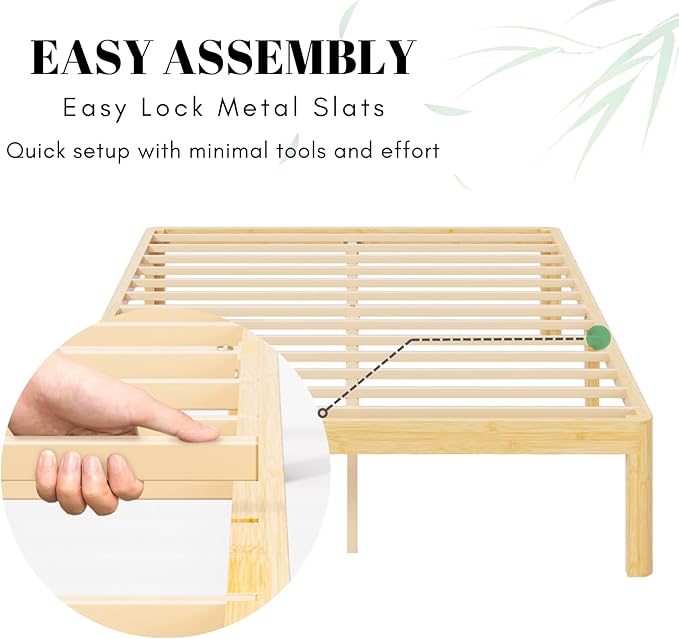 12 Inch High Bamboo Wood King Bed Frame Platform, Steel Slats Support King Size Bed Frame, Heavy Duty, No Box Spring Needed, Noise Free, Easy Assembly
