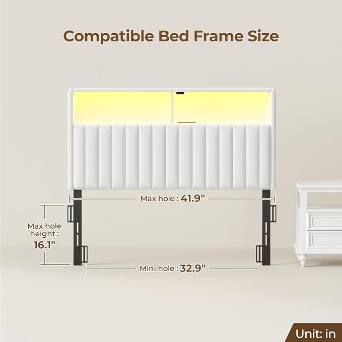 Rolanstar Headboard for Twin Size Bed with Storage, Head Board with USB & Type C Port, 60,000 DIY Color of LED Light, Velvet Upholstered, Height Adjustable, Sturdy, Easy Assembly, White