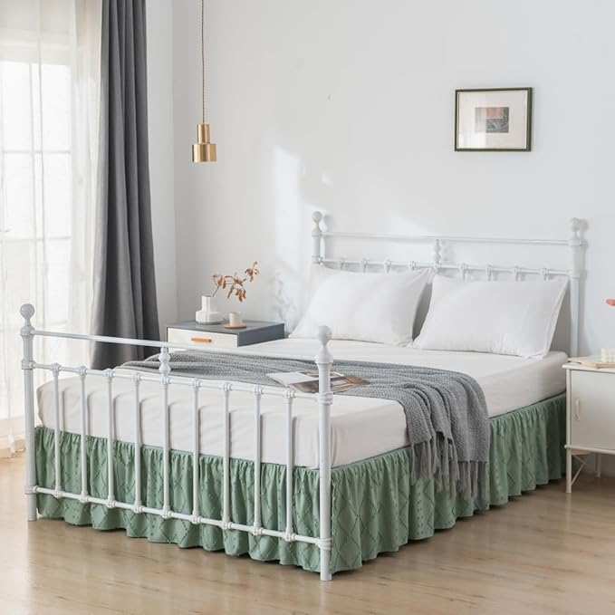 Bed Skirt Full Size Ruffled Bed Skirt with Split Corners, 14 Inch Drop Dust Ruffle Bed Skirts with Platform, Boho Tufted Shabby Chic Full Size Bed Skirts, Sage Green
