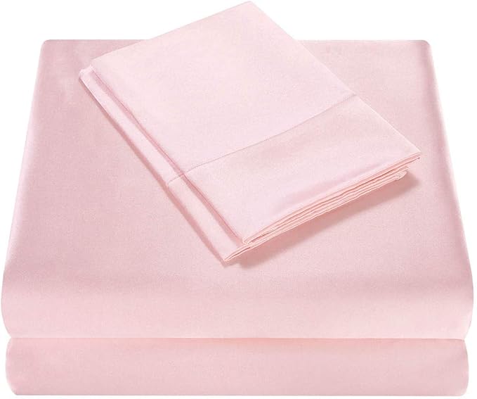 Homiest 3pcs Satin Sheets Set Luxury Silky Satin Bedding Set with Deep Pocket, 1 Fitted Sheet + 1 Flat Sheet + 1 Pillowcase (Twin XL Size, Blush Pink)