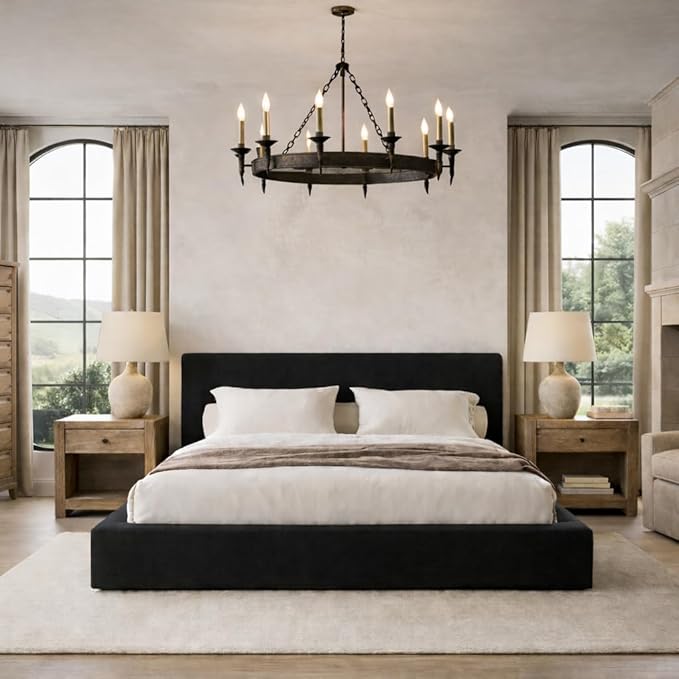 Square Bed – Washable Cover - Soft Upholstered Linen - Minimalist Modern - Sold Separately (Black Linen, Queen Headboard)