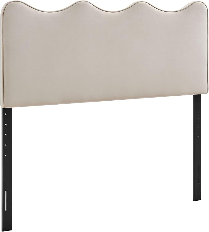 Monday Athena King Size Performance Velvet Adjustable Headboard in Almond - with Scalloped Wave Design and Stain-Resistant Velvet Upholstery
