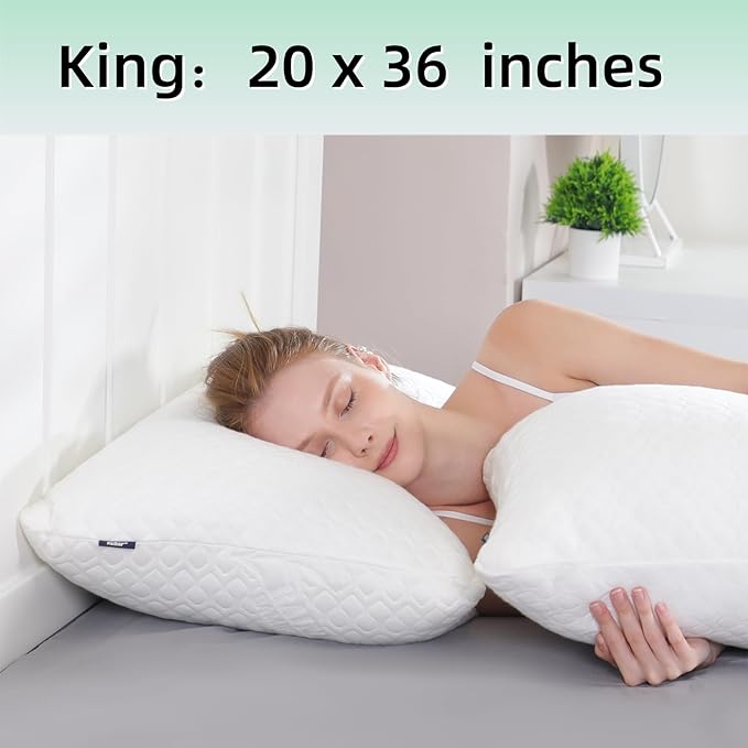 Rainmr Shredded Memory Foam Pillows for Sleeping, Adjustable Pillows King Size Set of 2, Good for Side, Back Sleeper with Washable Cooling Cover (White, King 2-Pack)