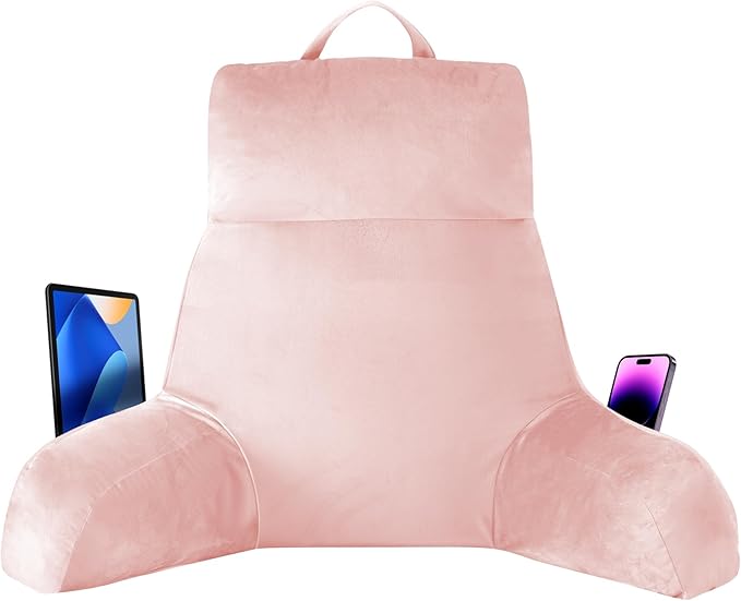 IPYNBAP Back Pillow for Bed Sitting up, Reading Pillow for Sitting in Bed Adult, Back Support Pillow, Memory Foam Sit up Lounge Backrest Pillow with Arms for TV, Couch, Chair, Dorm, 24 Inch, Pink