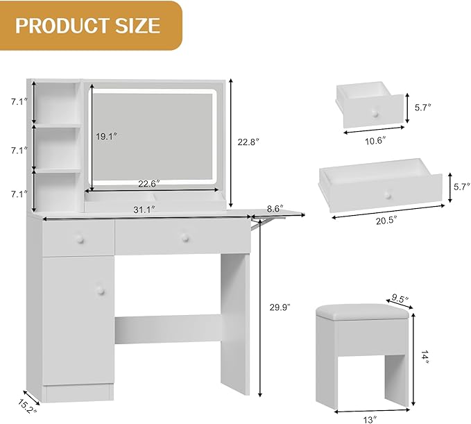 FUXA Vanity Desk with LED Lights Mirror and Charging Station, Makeup Vanity Table with Storage Drawers, Cabinet and Chair, Dressing Table Set for Bedroom, White
