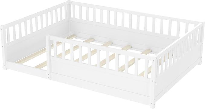 Bellemave Full Floor Bed with high Fence, Solid Pine Wood Montessori Bed for Kids Girls Boys Floor Bed Frame, White with slats