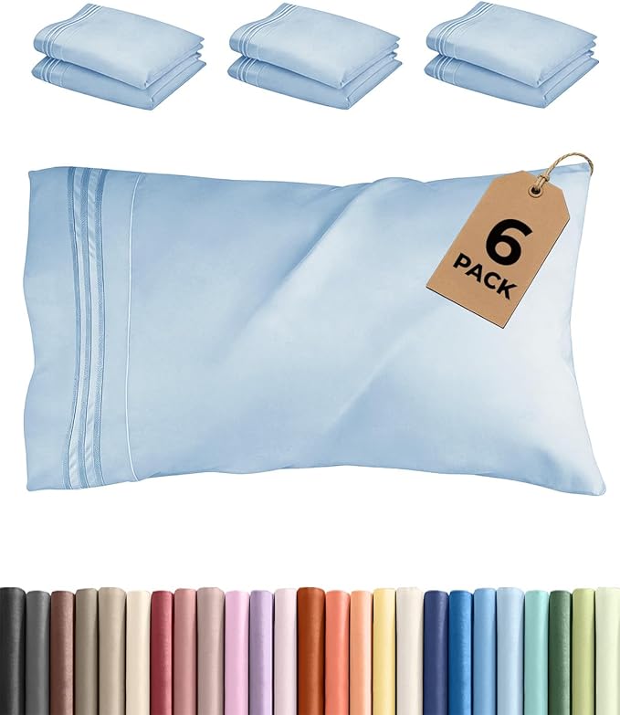 Standard Pillow Cases Set of 6 - Ultra Soft Hotel Quality Pillowcase Covers - Comfy & Wrinkle Free - Shrink, Stain and Fade Resistant - Machine Washable Pillow Protectors - 6 Piece Set - Light Blue