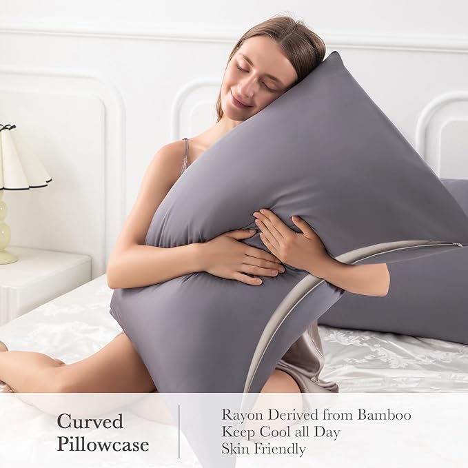 Curved Pillow Case Queen Size, Side Sleeper Pillow Cases Cover Cooling Rayon Derived from Bamboo with Zipper for hot Sleepers Hair and Skin, Breathable Silky Soft Pillowcase 1 Pack 20 * 30 Inches