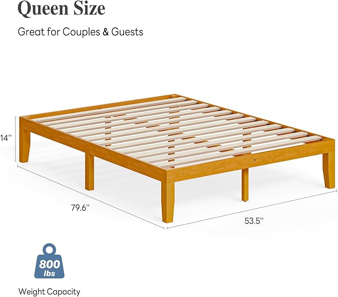 DUMOS 14 Inches Queen Size Wood Platform Bed Frame, Solid Wooden Mattress Foundation with Heavy Duty Wood Slat Support, Sturdy, No Box Spring Needed, Natural Pine