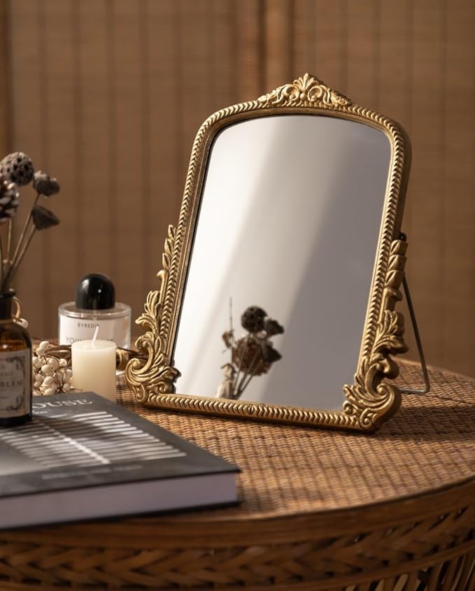 Small Vintage Vanity Makeup Desk Mirror, Antique Traditional Arch Table Mirror in Gold, Decorative Wood Carved Mirror for Living Room Bedroom Tabletop 11.8" x 9.6"