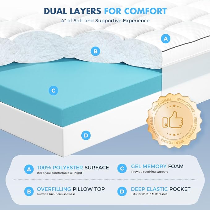 Twin XL Dual Layer 4 Inch Memory Foam Mattress Topper for Pressure Relief, 2" Breathable Pillow Top Plus 2" Cooling Gel Memory Foam Mattress Pad, 21" Elastic Pocket, Medium Support, White