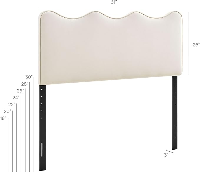 Monday Athena Queen Size Performance Velvet Adjustable Headboard in Alabaster - with Scalloped Wave Design and Stain-Resistant Velvet Upholstery