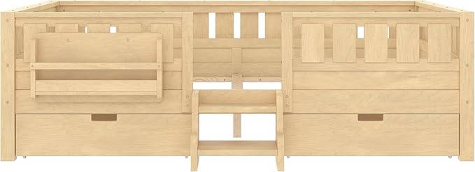 Bellemave Queen Bed with Storage Drawers & Bookshelf, Low Profile Kids Bed Frame with Staircase & Full Length Guardrails, Solid Wood Queen Bed for Kids with Slats Load 550LBS, Easy Assembly, Natural