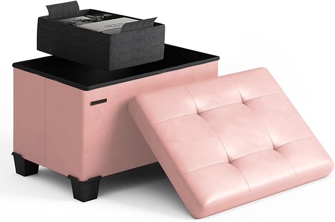 Storage Ottoman Cube with Small Bin, 16-in Square Ottoman with Storage for Living Room and Bedroom, Small Ottomans Foot Rest, Leather Foot Stools Ottomans Max 330lbs, Pink