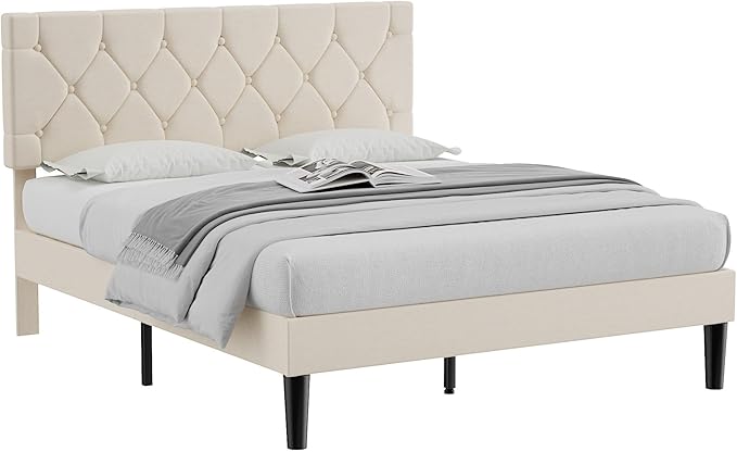 VECELO Queen Bed Frame with Button Tufted Headboard, Upholstered Platform with Wooden Slat Support, No Box Spring Needed, Dark Beige