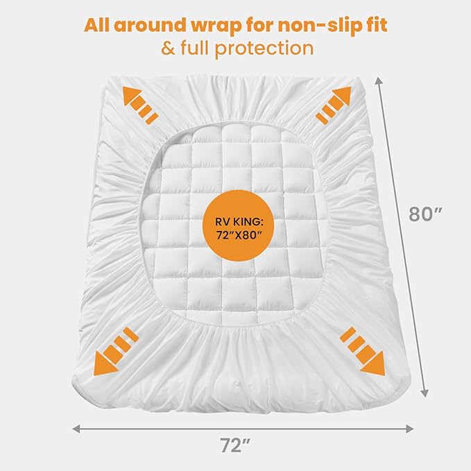MATBEBY RV King Mattress Pad - Cooling Breathable Mattress Topper, Quilted Fitted Mattress Protector, Pillow Top Mattress Cover with 8-21" Deep Pocket, Soft, Machine Washable, White, 72x80 Inches
