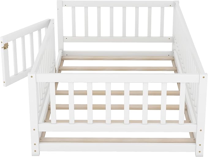 Bellemave Twin Size Montessori Floor Bed with 21.5" High Rails and Slats, Pine,Plywood Floor Bed with Small Door, White