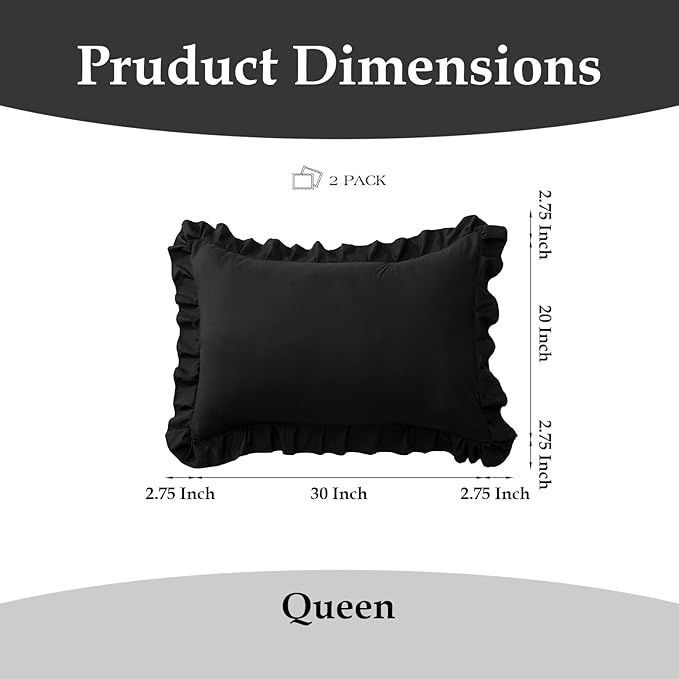 Ruffle Pillow Cases Queen Size Set of 2 – Soft Wrinkle Resistant Brushed Microfiber Ruffled Pillowcases –Envelope Pillow Shams Cover Festive Gift for Hotels,Guest Rooms 20x30 Inch (Black)