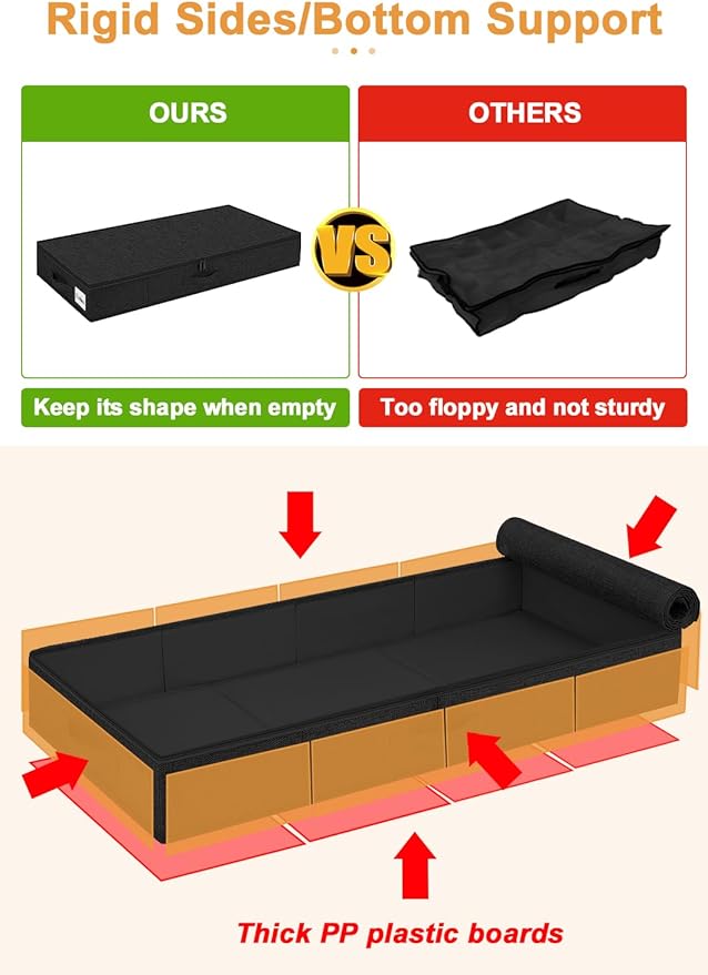 punemi 4.5 Inches Tall Under Bed Storage Containers, Low Profile Underbed Clothes Storage Organizer Bin with Sturdy Side & Bottom, Use as Shallow Dorm Storage Under Bed, Black, 2 Pack