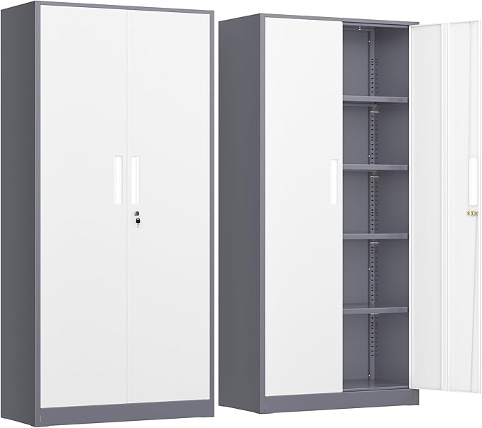 INTERGREAT Storage Cabinets with Doors and Shelves, 72“ Steel Tool Locking Cabinet, Metal Storage Cabinet for Home Office, Warehouse, School, Grey White