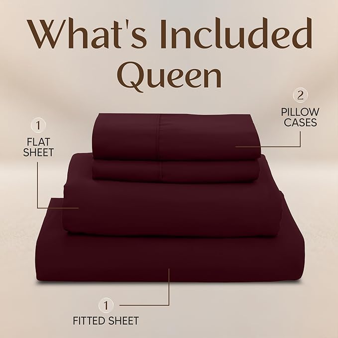 Utopia Bedding Queen Size Sheet Set – 4 Piece Bed Sheets, Soft and Breathable Microfiber, Includes 1 Fitted Sheet, 1 Flat Sheet and 2 Pillowcases – Oeko Tex (Burgundy)