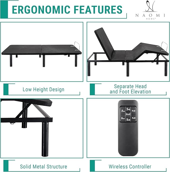 Naomi Home Twin XL Adjustable Bed Frame, Metal, Black, 7 Positions, Wireless Remote, Easy Assembly - Enhanced Comfort & Stylish Design
