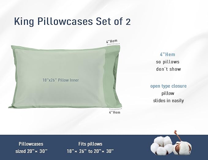 Pillow Cases, King Size Cotton Percale Weave Pillowcases, Pre-Shrunk Breathable and Hypoallergenic Pillowcases, Set of 2 (2 Piece King 20 Inch x 40 Inch, Sage Green)