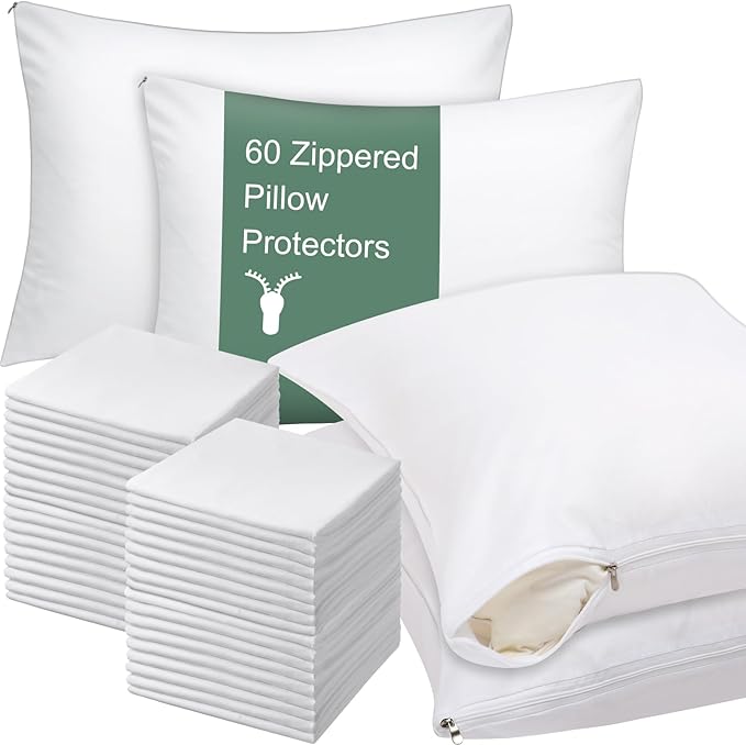 Shimeyao 60 Pcs 20 x 30 Inch Zippered Pillow Protectors Bulk, Standard Size Bedding Pillow Cases, Soft Breathable Cotton Sateen Dust Protection Covers White Protectors for Home Hotel Rental