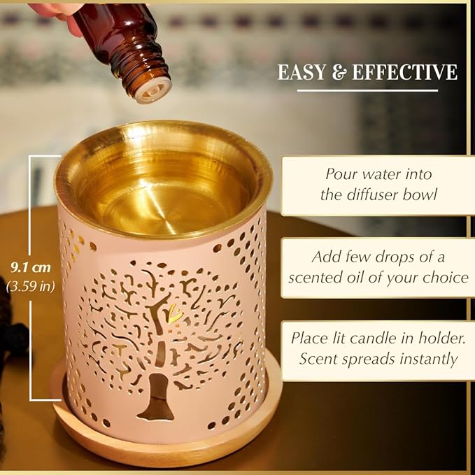 Dukhni Tree of Life Oil Burner | Brass Burner with Candle | Use This Diffuser with Essential Oil & Diffuser Oils | Relax with Home Aromatherapy for Stress Relief, Meditation and Home Fragrance