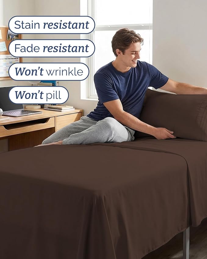 Twin XL 4 Piece Sheet Set - Comfy, Breathable & Cooling - Hotel Luxury Bedding for Women, Men, Kids, Teens and Children - 1 Flat & 1 Fitted Sheet & 2 Pillowcases w/ Deep Pockets - Wrinkle Free - Brown