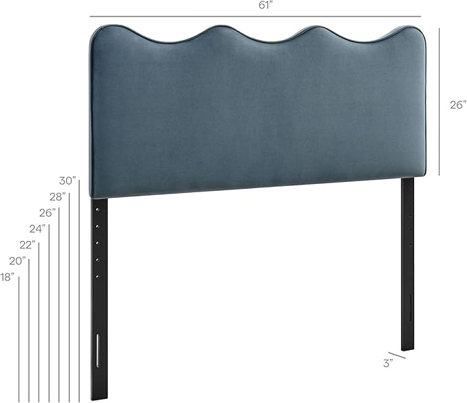 Monday Athena Queen Size Performance Velvet Adjustable Headboard in Cadet Blue - with Scalloped Wave Design and Stain-Resistant Velvet Upholstery