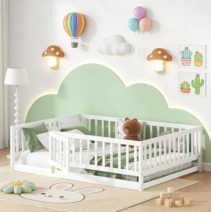 Bellemave Twin Size Montessori Floor Bed with 21.5" High Rails and Slats, Pine,Plywood Floor Bed with Small Door, Natural