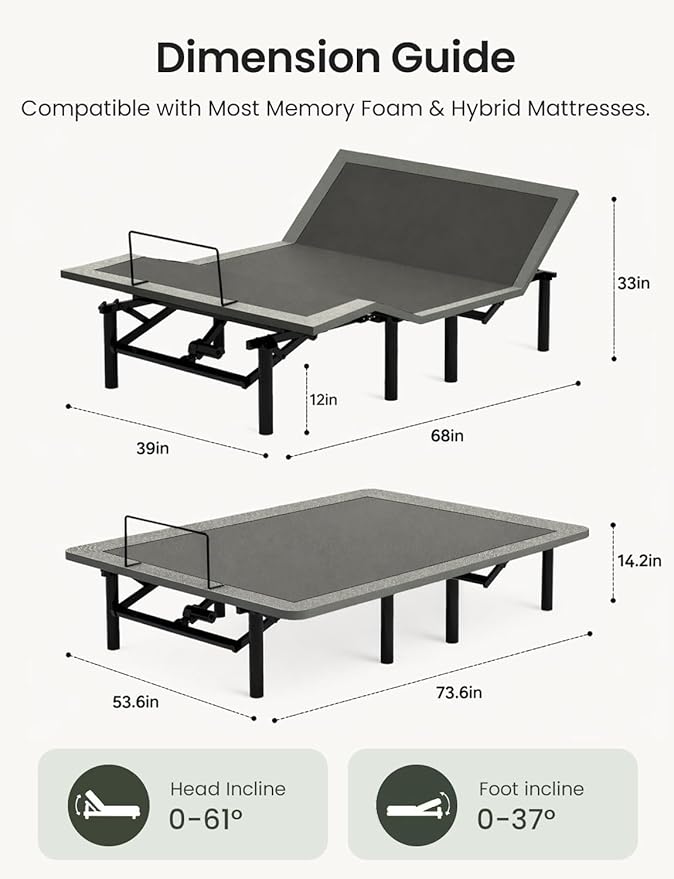 Mixcous Full Size Adjustable Bed Frame with USB Ports, Electric Bed Base with Wireless Remote, 3-Fold Foldable Design, Quiet Motor, Heavy Duty Metal Frame, Easy Assembly Adjustable Base