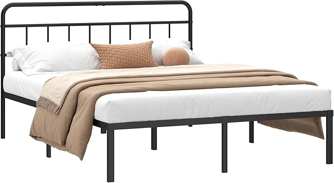 Kujielan 12 inches King Size Bed Frame with Minimalist headboard,Metal Platform Base with Strong Metal Slats,Mattress Foundation for Under Bed Storage,Easy Assembly,Black