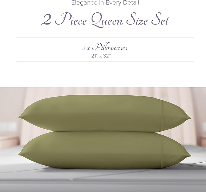 Carressa Linen 100% Egyptian Cotton Pillow Cases Queen Size Set of 2 - Luxury 600 Series Hydrangeas Collection Queen Size Pillowcases (Sage Green), Cooling Sateen Weave Hotel Quality Bed Pillow Cover