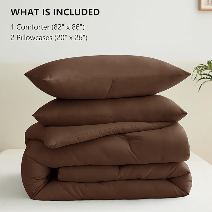 CozyLux Full Size Comforter Set Brown, 3 Pieces Solid Breathable Quilted Bedding Sets, Luxury Lightweight Soft Bed Set with Down Alternative Comforter and 2 Pillowcases for All Seasons