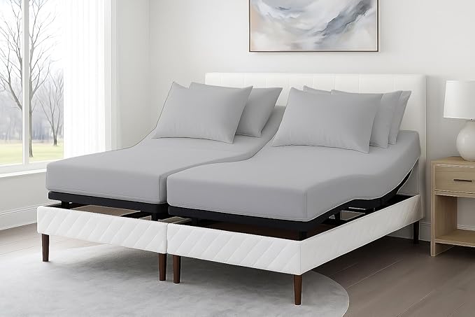 7 Piece Split King Sheet Set, 100% Egyptian Cotton, 16 Inch Deep Pockets, Light Grey Solid, Soft and Durable Sheets for Adjustable Beds, Sleep Number Beds, Split King Sheets