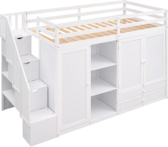 Twin Loft Bed With Stairs and Storage, Wood Frame With 2 Wardrobes, Drawers, Shelves, and Staircase for Kids Teens Adults, White