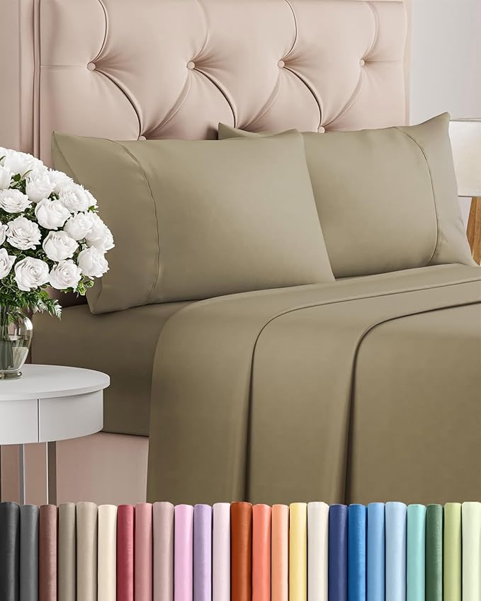 Twin 4 Piece Sheet Set - Comfy, Breathable & Cooling - Soft Hotel Luxury Bedding for Women, Men, Kids, Teens & Children - 1 Flat & 1 Fitted Sheet & 2 Pillowcases w/ Deep Pockets - Wrinkle Free - Khaki