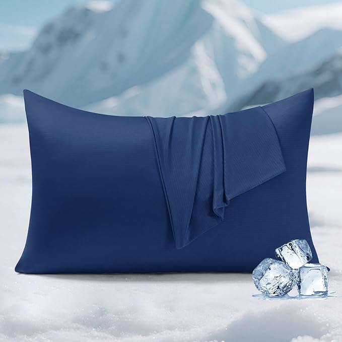 Elegear Cooling Pillow Cases for Hot Sleepers, Silver Infused Cooling Pillowcase with Q-Max>0.5, Silky Breathable Pillowcases for Hair & Skin, Zipper Anti Acne Pillowcases Set of 2-Standard, Navy Blue