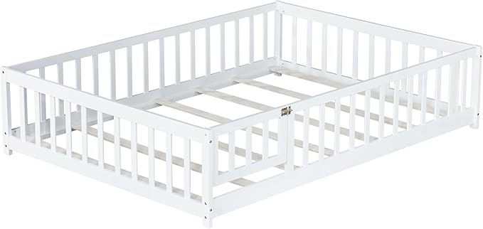 Bellemave Full Size Montessori Floor Bed Frame with Rails & Door, Solid Wood Kids Floor Bed Full with Removable Slats, Low Profile Montessori Bed for Children’s Sleep & Play, White