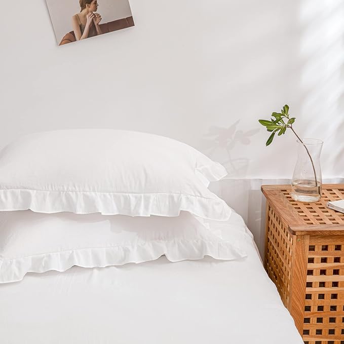 Merryword White Pillowcases, Cute Pillowcases, Offwhite Standard Pillowshams Set of 2, Solid Ruffled Fringe Pillowcases, White Shabby Chic Pillowcases 2 Pack (Queen (20''x30''),White)