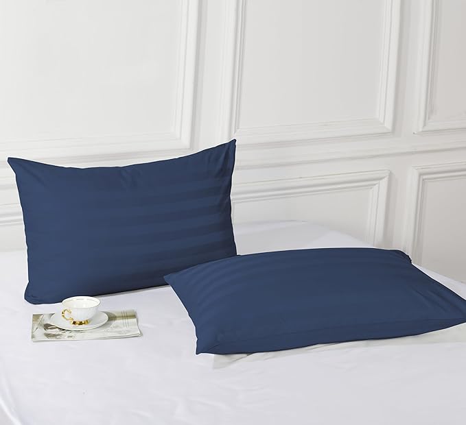 100% Egyptian Cotton Toddler Pillowcases Set of 4, 400 Thread Count Sateen Weave Small Pillow Protectors, Super Soft Breathable Zippered Pillow Covers 13x18 Inches (Stirpe Navy Blue, Toddler)