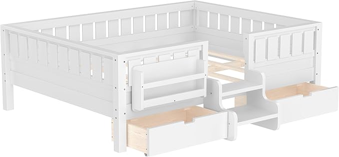 Bellemave Full Size Kids Montessori Bed with Stairs and Bookshelf,Solid Wood Full Size Kids Bed Frame with Drawers and Storage for Girls Boys,Low-Profile,White
