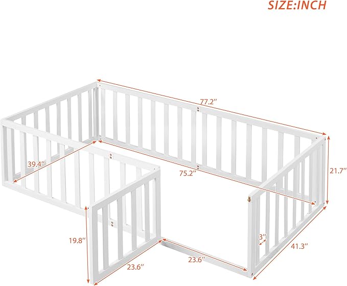 Bellemave Twin Size Montessori Floor Bed with 21.7" High Rails, Pine,Plywood Floor Bed with Small Door, White