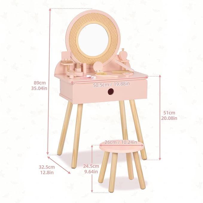 OOOK Kids Vanity Table and Chair Set, Pink Girls Vanity Set with 11 Pcs Accessories, Enough for Real and Pretend Makeup, Toddler Vanity for 3-5 Year Old and Up as Ideal Gift